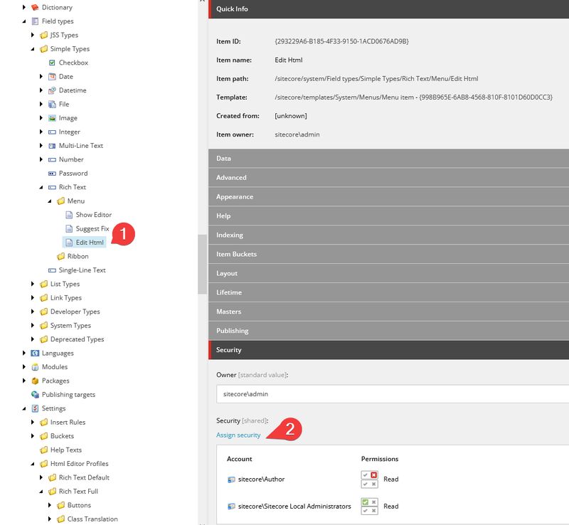 Sitecore permissions on Edit HTML link